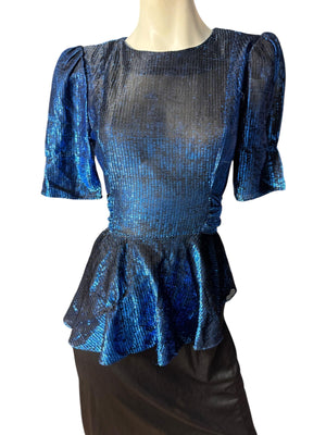 Vintage 80's blue & black peplum party dress M