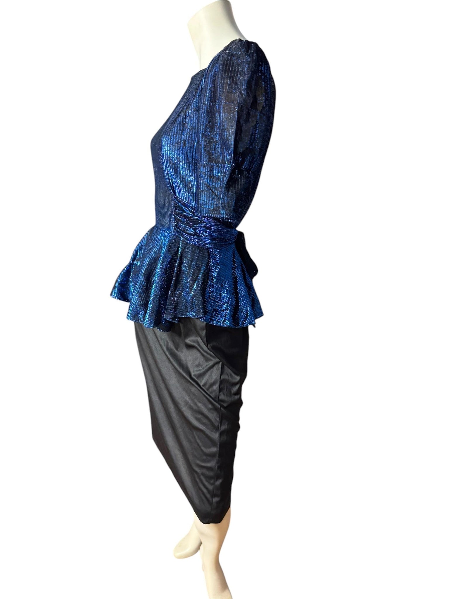Vintage 80's blue & black peplum party dress M