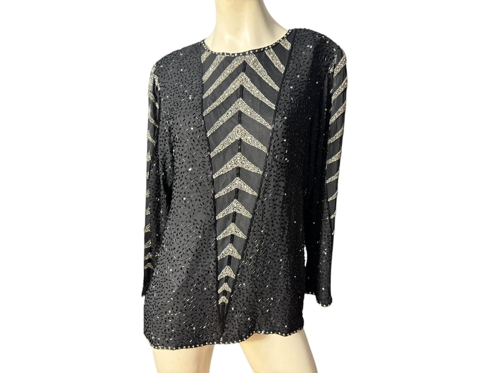 Vintage 80's black bead top shirt shirt M Oleg Cassini