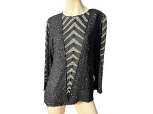 Vintage 80's black bead top shirt shirt M Oleg Cassini