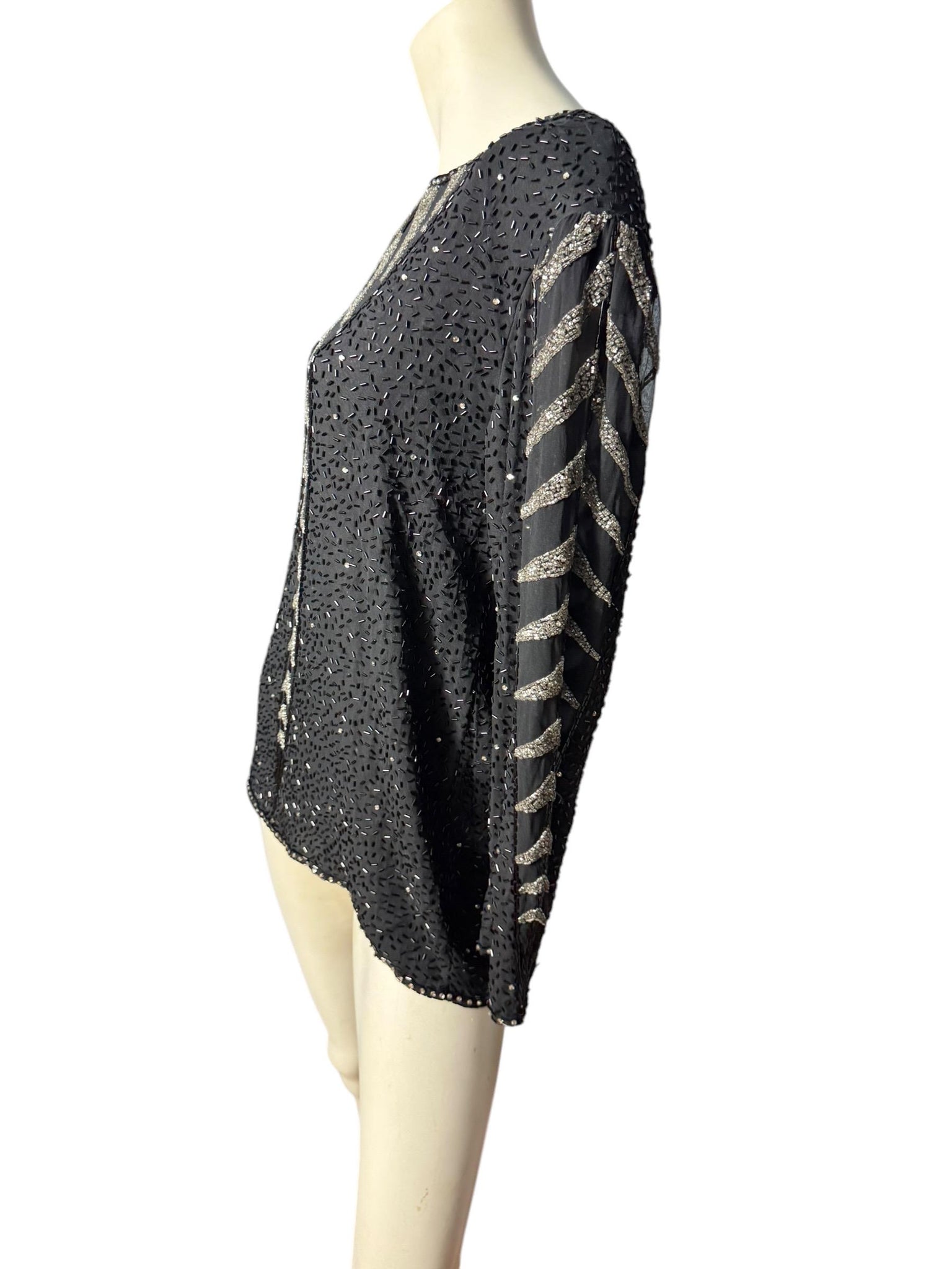 Vintage 80's black bead top shirt shirt M Oleg Cassini