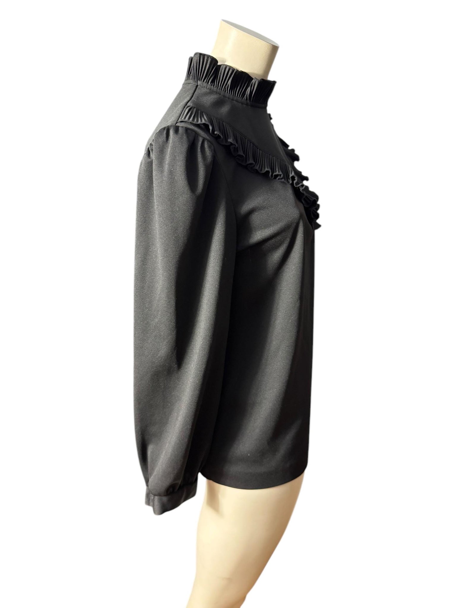 Vintage black 70's high neck ruffle top XL Graff