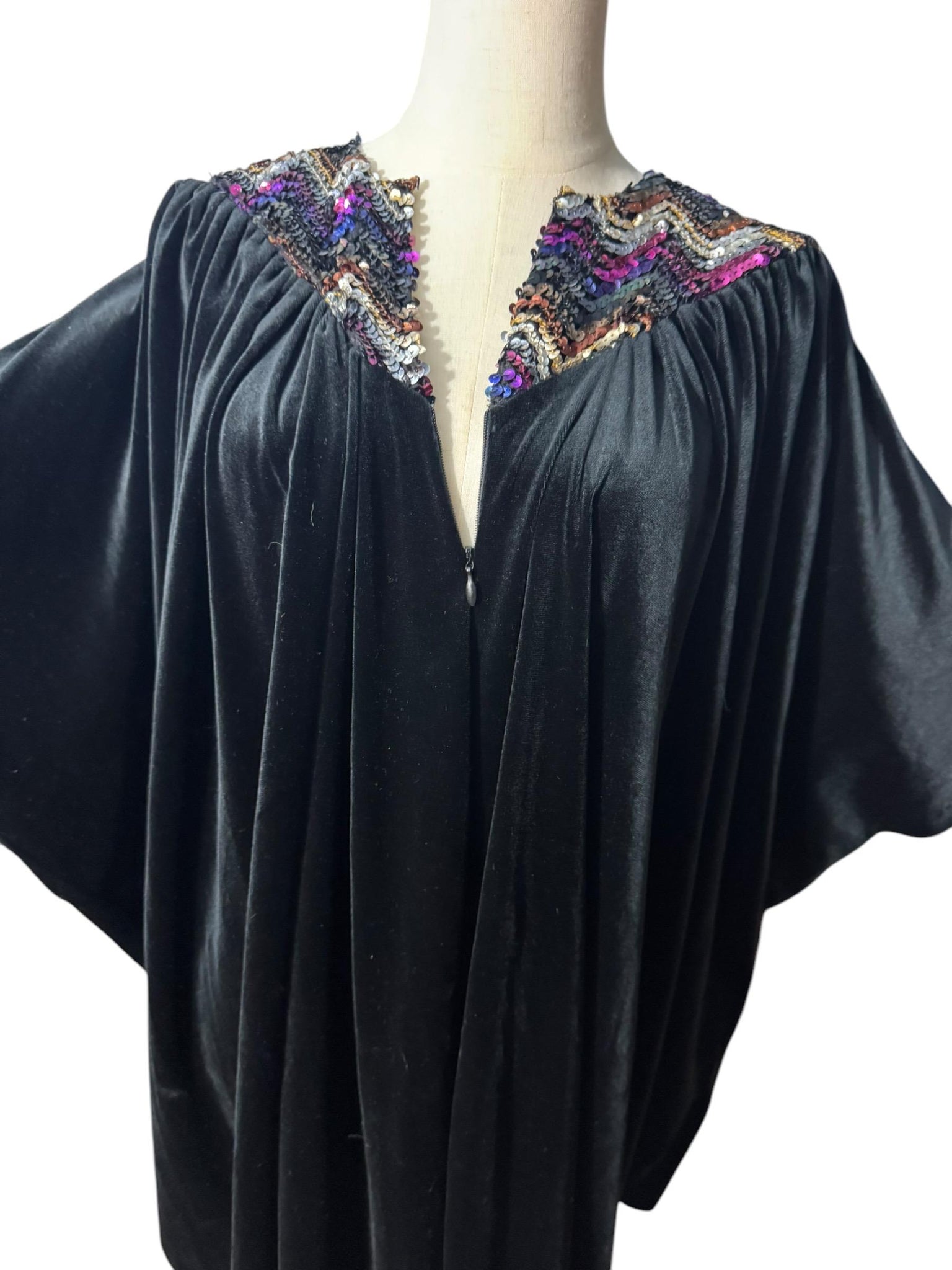 Vintage 70's black sequin velour caftan dress one size