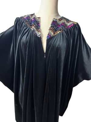Vintage 70's black sequin velour caftan dress one size