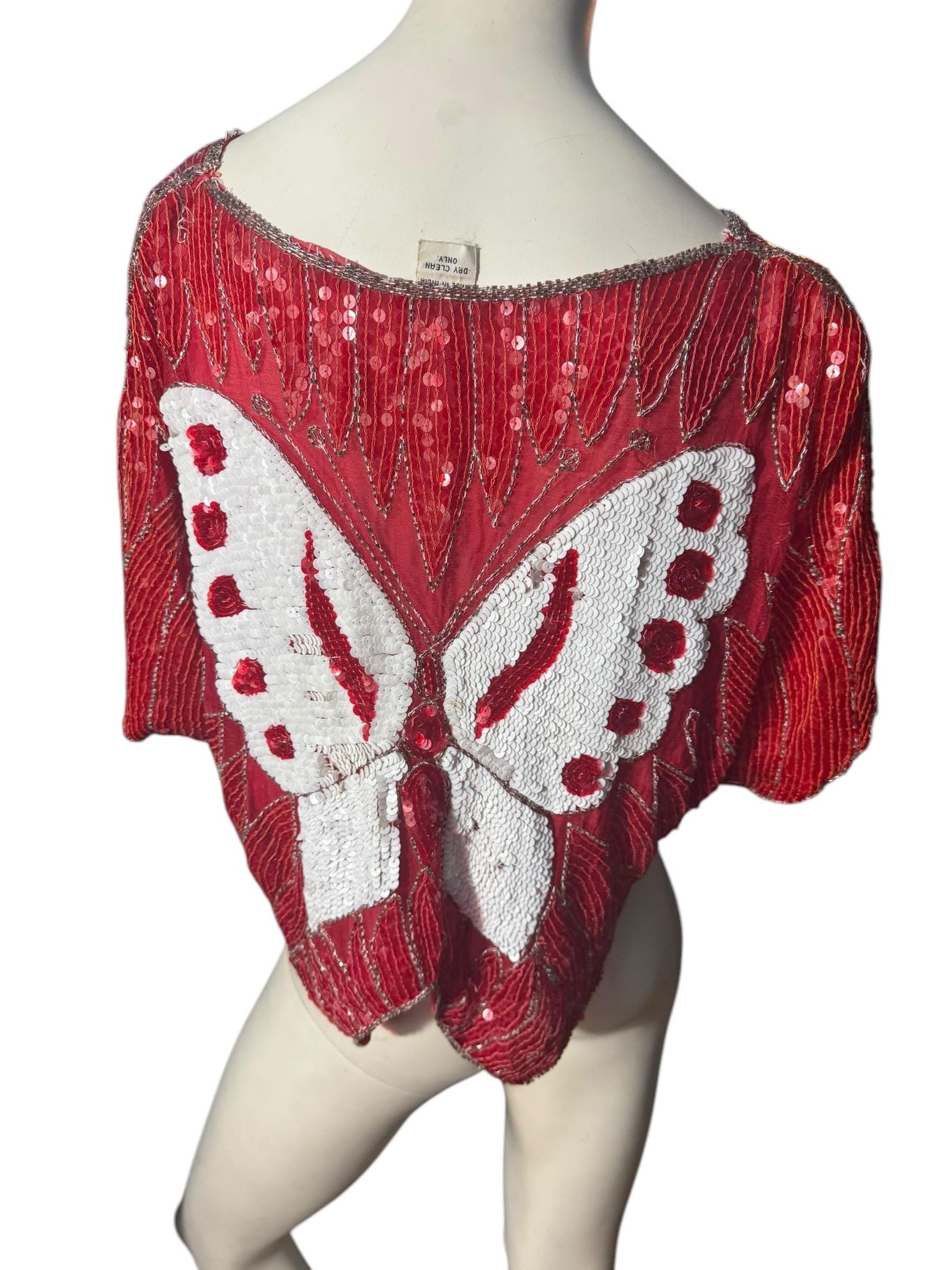 Vintage red & white butterfly sequin top shirt M L