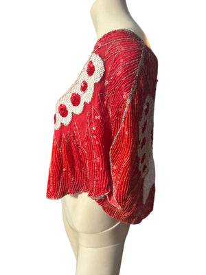 Vintage red & white butterfly sequin top shirt M L