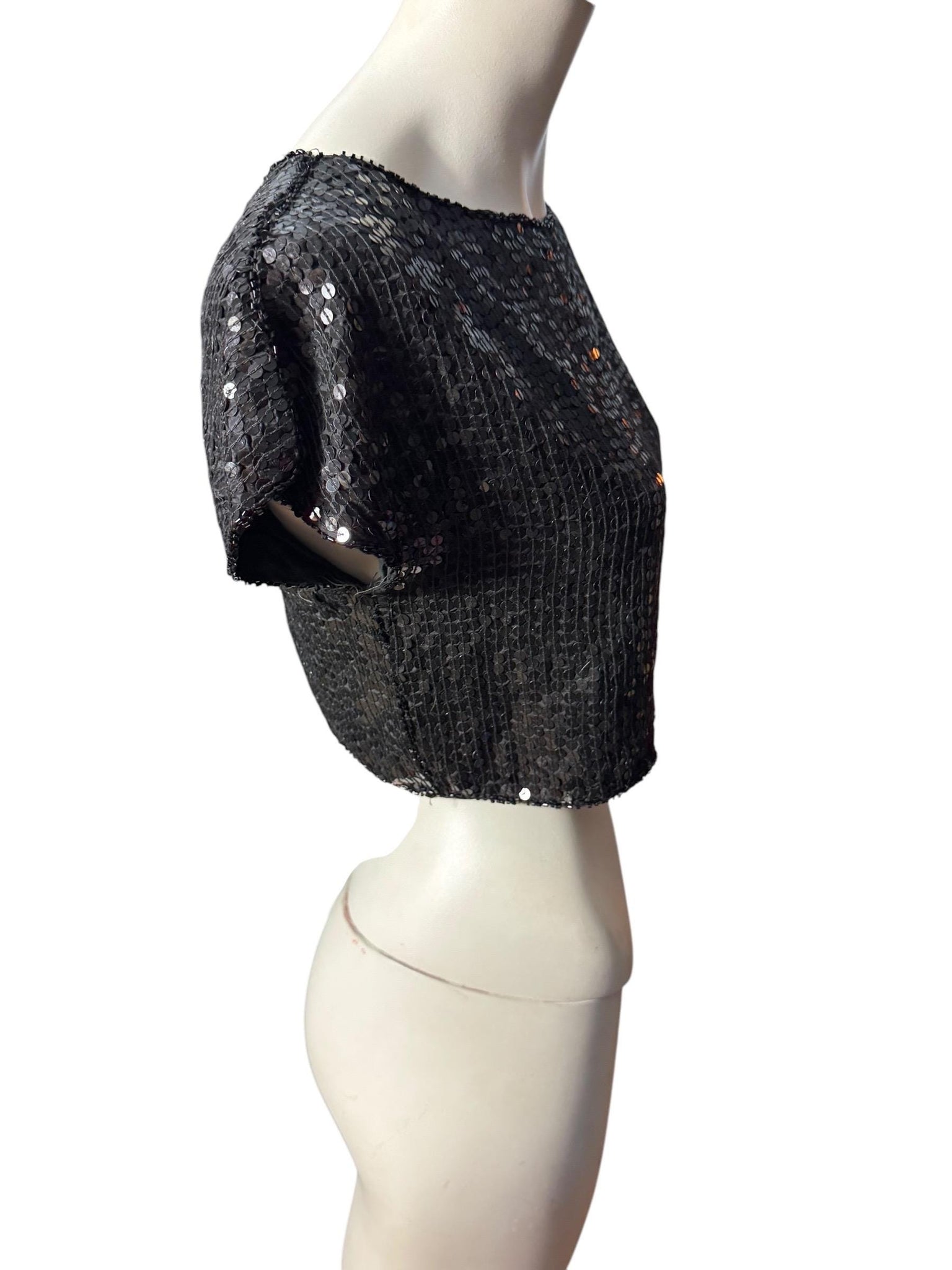 Vintage 80's black sequin half top M Shimmer