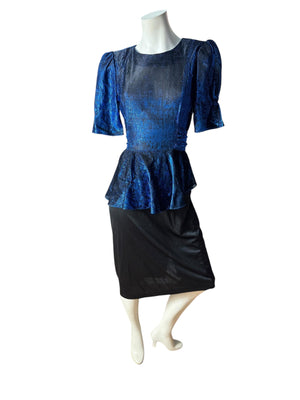 Vintage 80's blue & black peplum party dress M