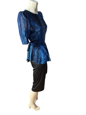 Vintage 80's blue & black peplum party dress M