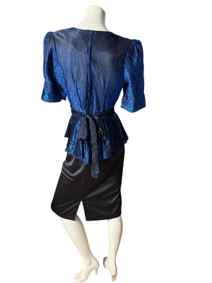 Vintage 80's blue & black peplum party dress M