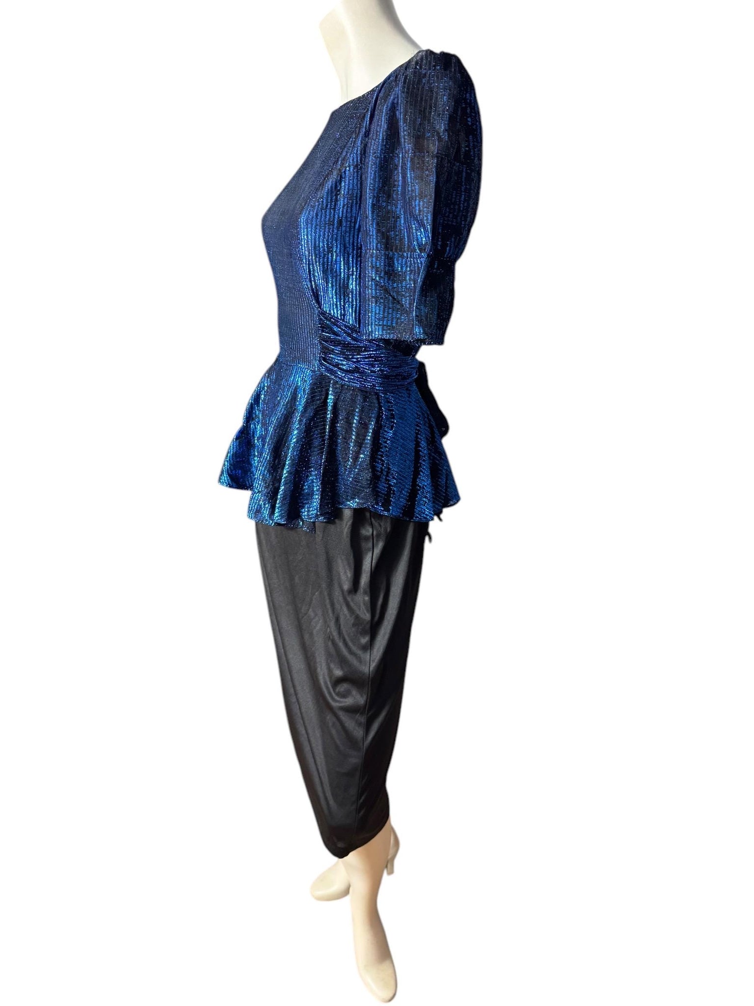 Vintage 80's blue & black peplum party dress M