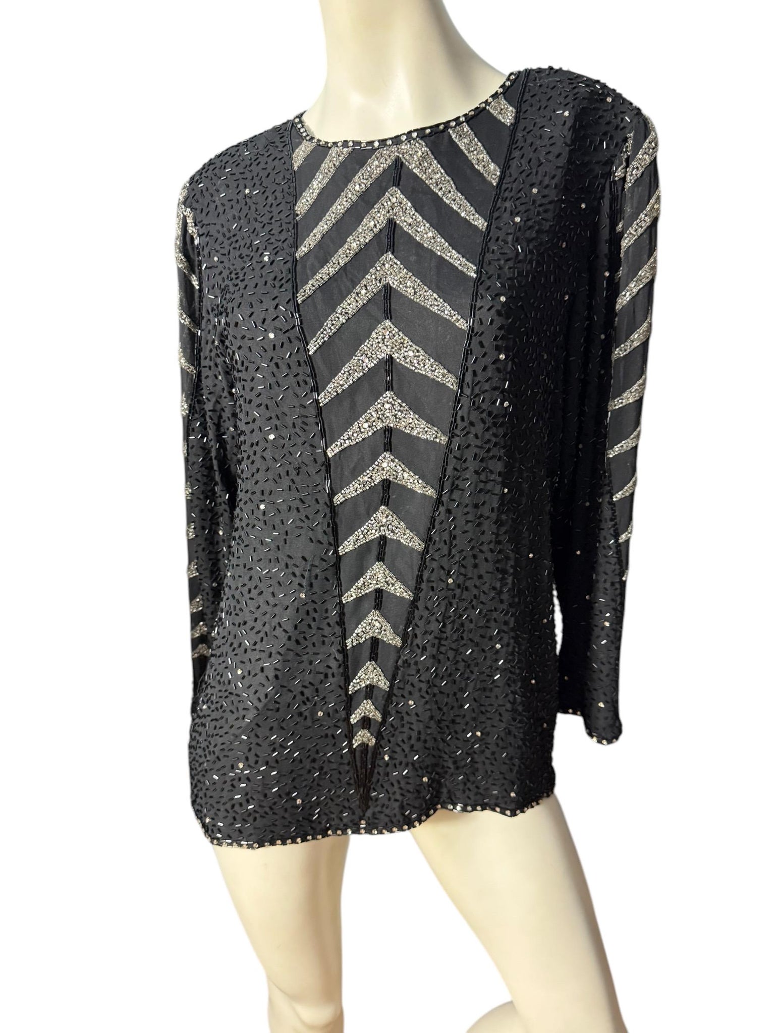 Vintage 80's black bead top shirt shirt M Oleg Cassini