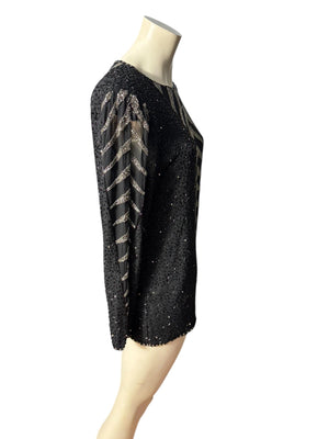 Vintage 80's black bead top shirt shirt M Oleg Cassini