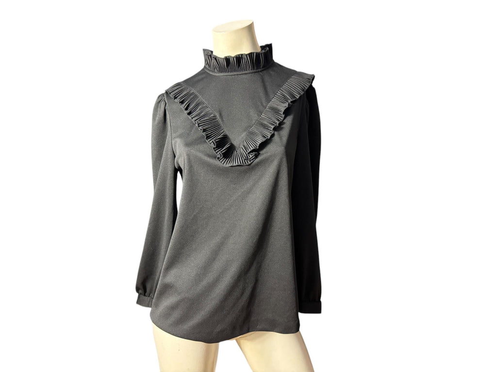 Vintage black 70's high neck ruffle top XL Graff