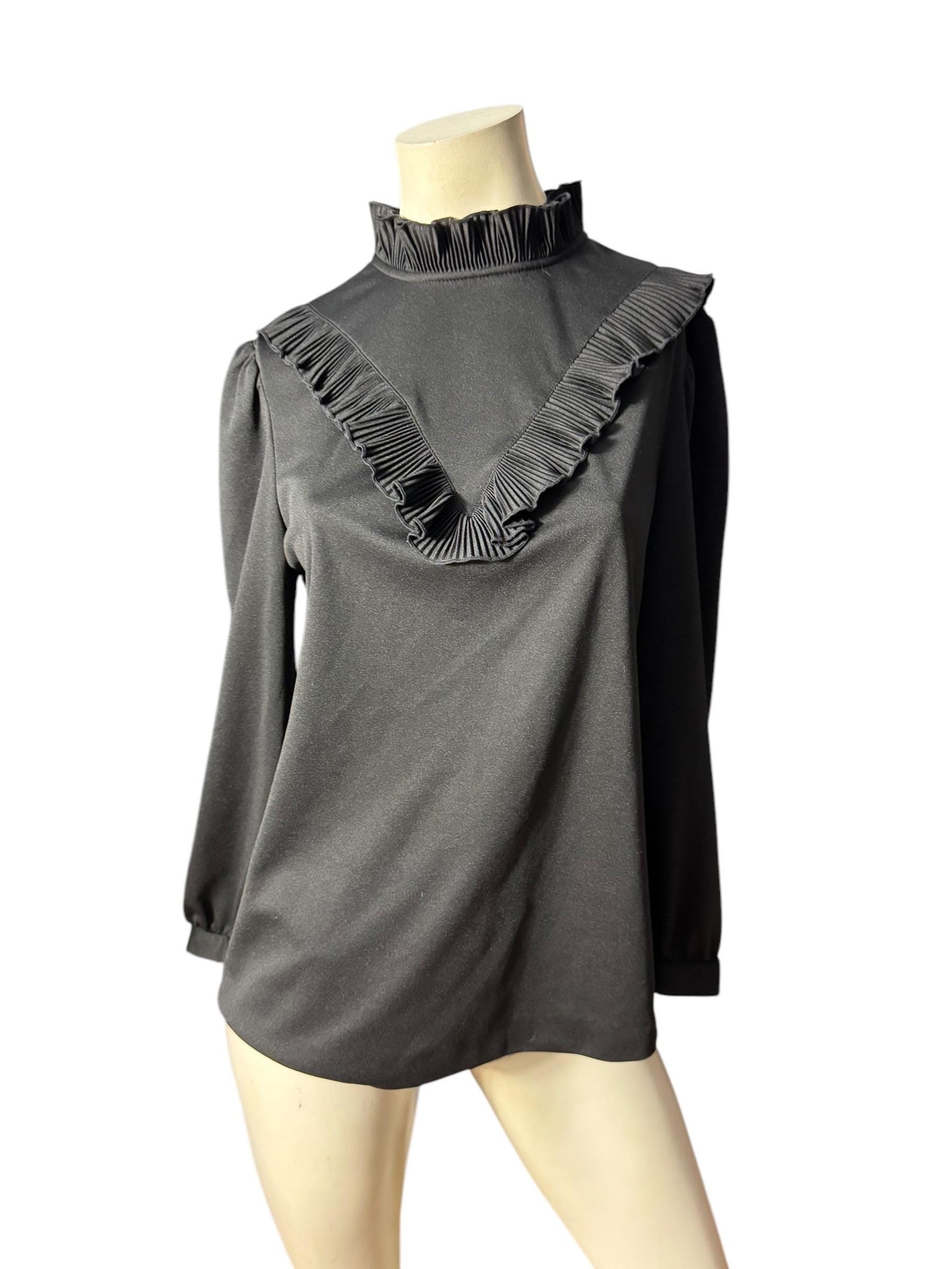 Vintage black 70's high neck ruffle top XL Graff