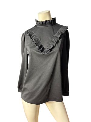 Vintage black 70's high neck ruffle top XL Graff