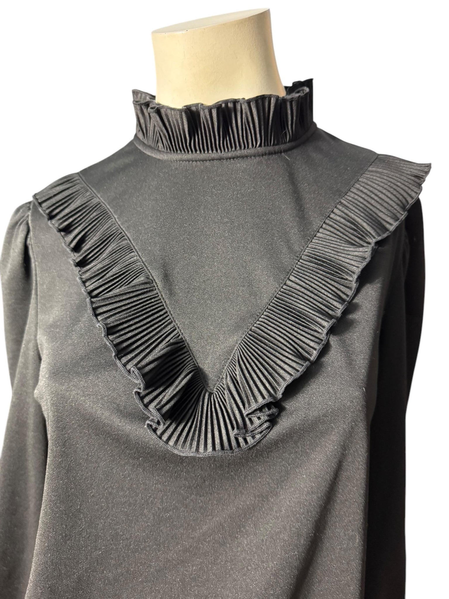 Vintage black 70's high neck ruffle top XL Graff