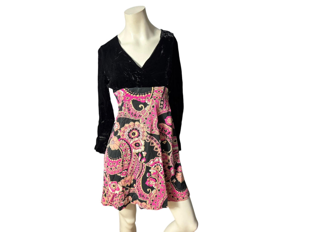 Vintage 70's mini dress S M black velvet paisley