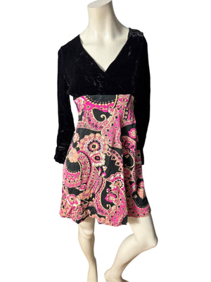 Vintage 70's mini dress S M black velvet paisley