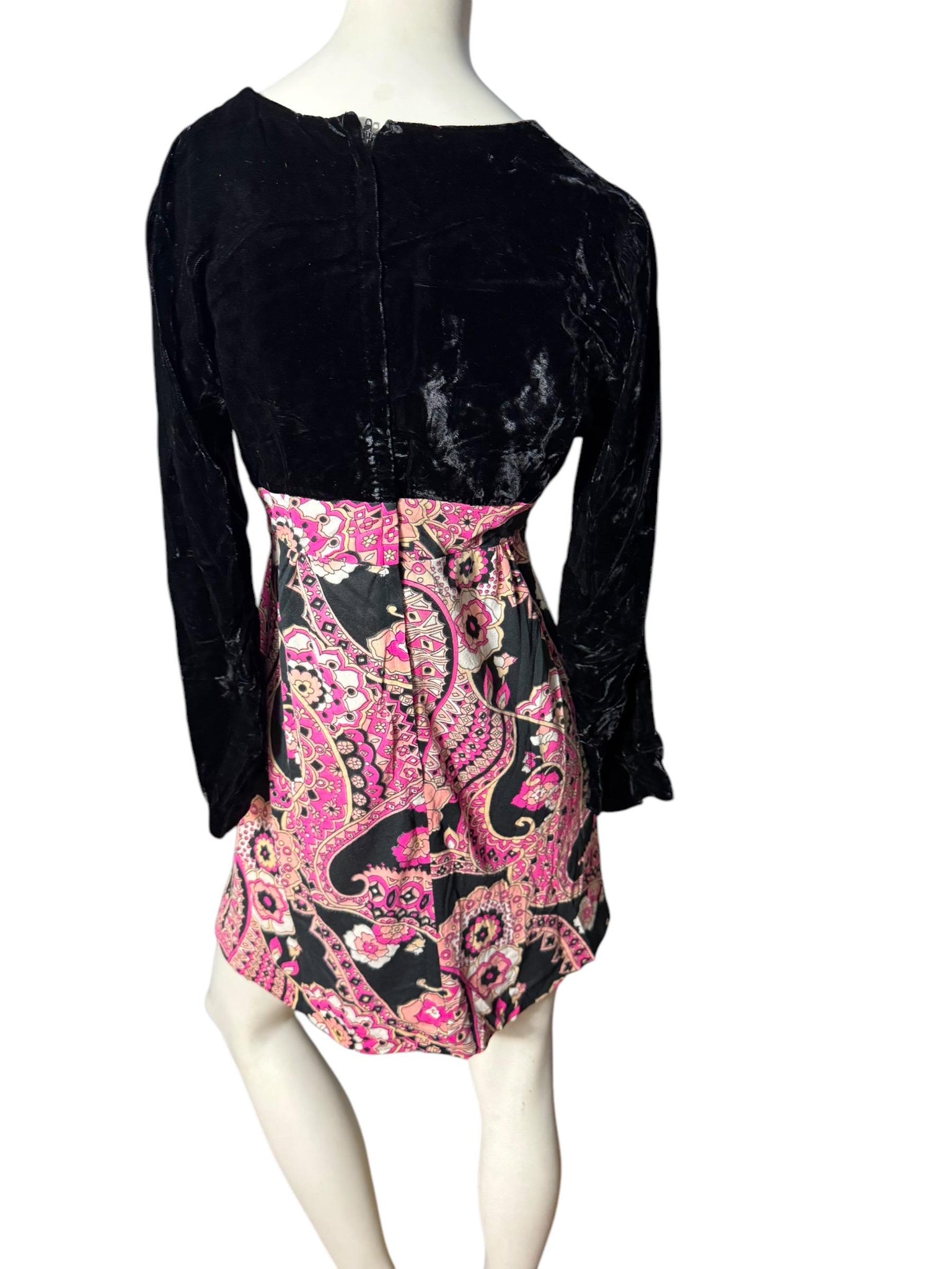 Vintage 70's mini dress S M black velvet paisley