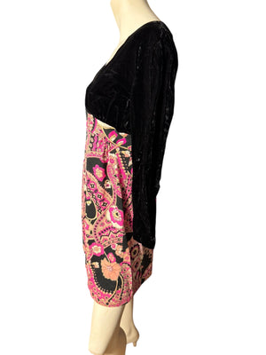 Vintage 70's mini dress S M black velvet paisley
