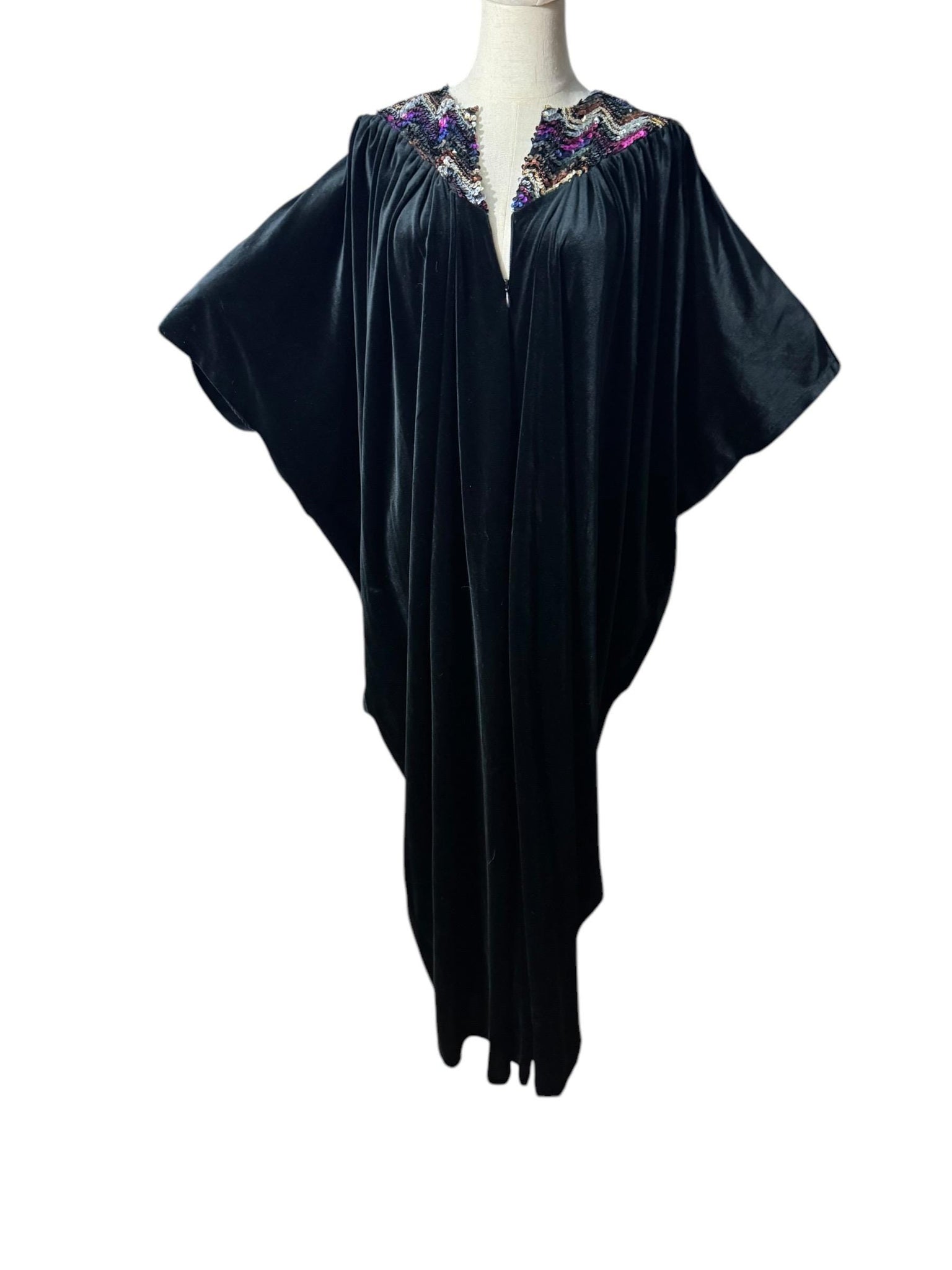 Vintage 70's black sequin velour caftan dress one size