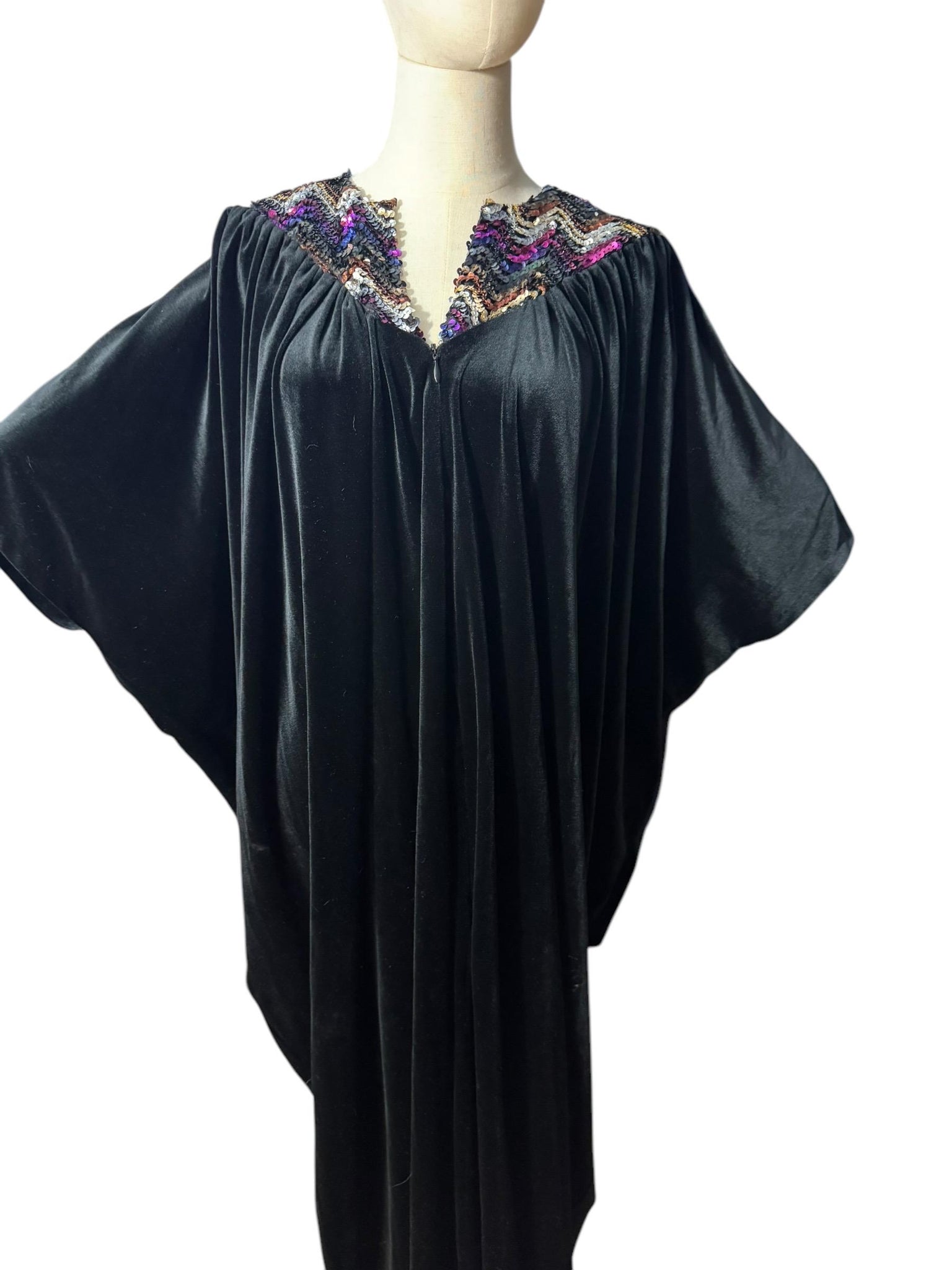 Vintage 70's black sequin velour caftan dress one size