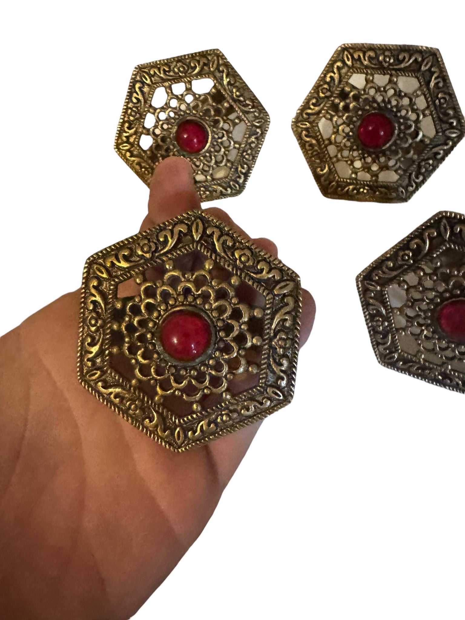 Vintage brass & stone napkin rings set of 5