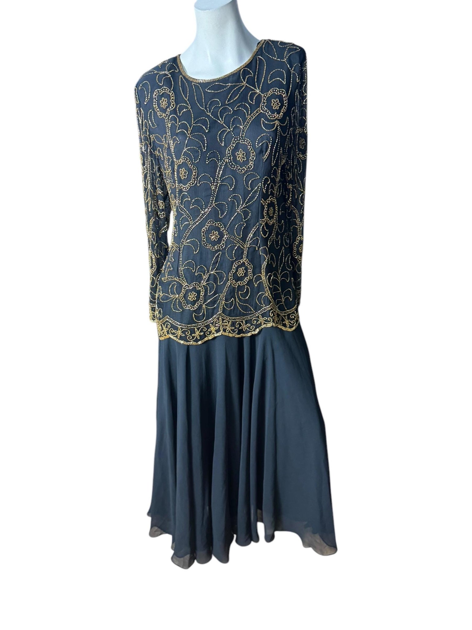 Vintage 80's black & gold bead dress L