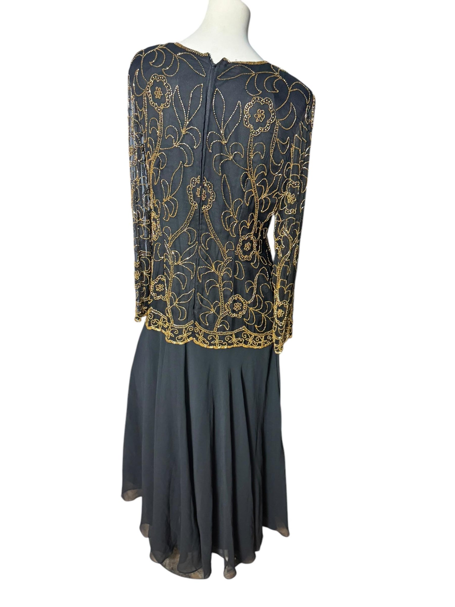 Vintage 80's black & gold bead dress L