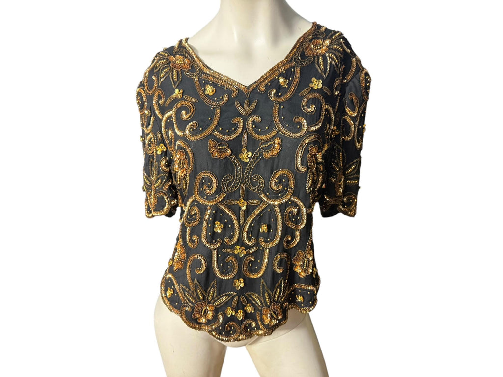 Vintage 80's sequin & bead top shirt 1x Laurence Kazar