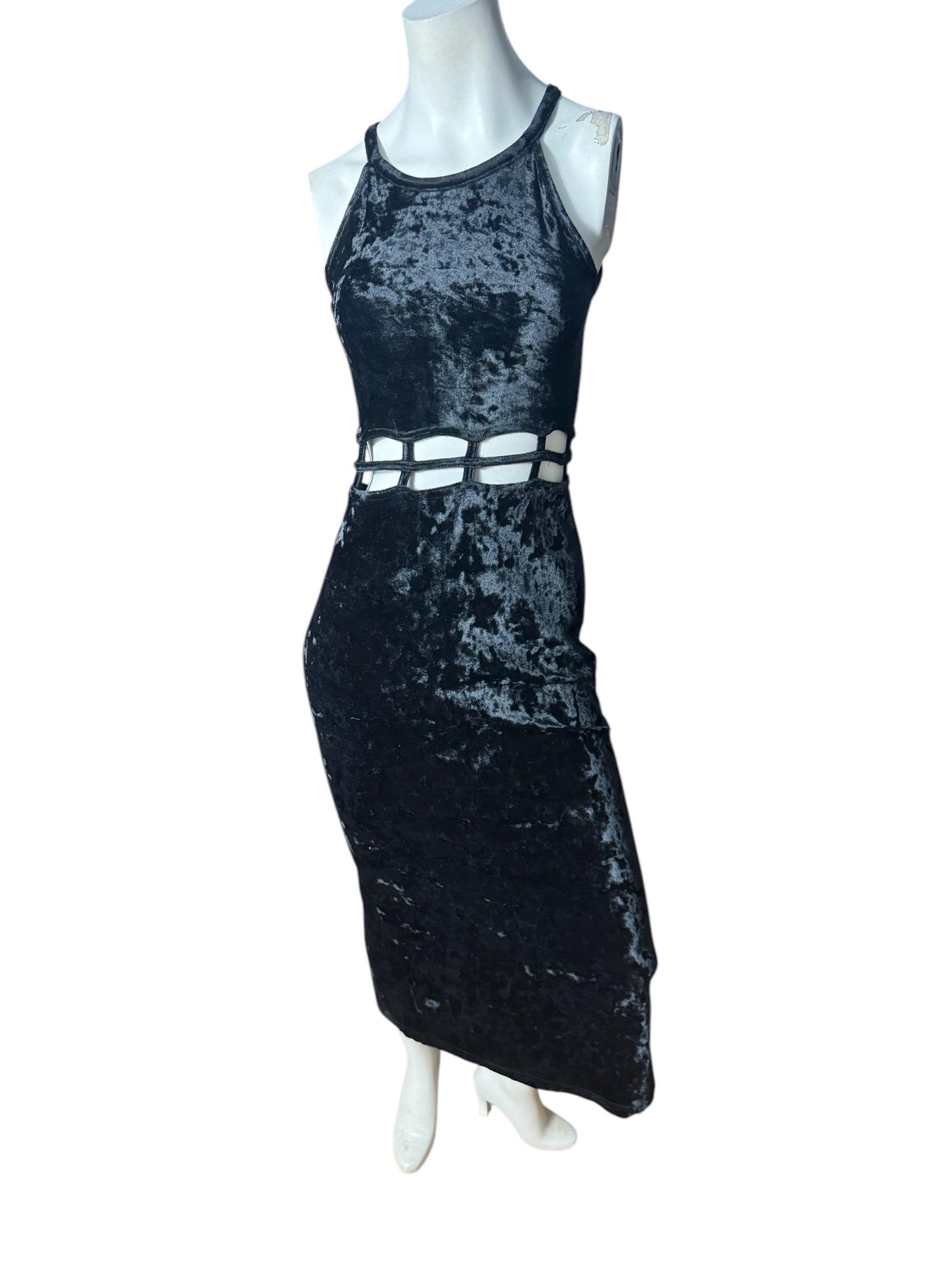 vintage 80's black velour long dress M cut out