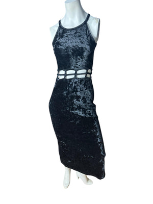 vintage 80's black velour long dress M cut out