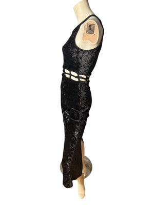vintage 80's black velour long dress M cut out