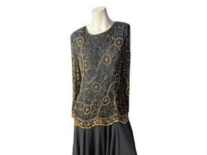 Vintage 80's black & gold bead dress L