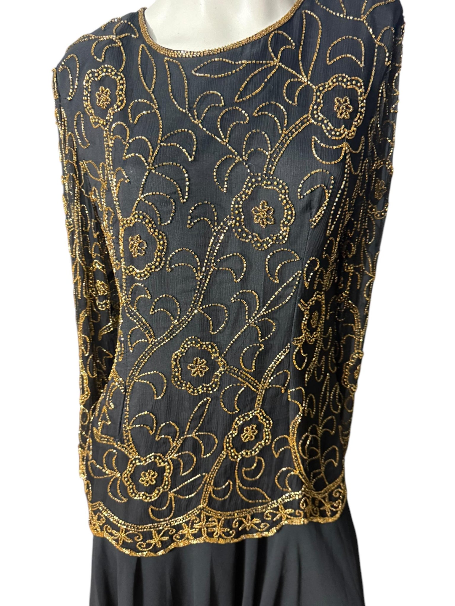 Vintage 80's black & gold bead dress L