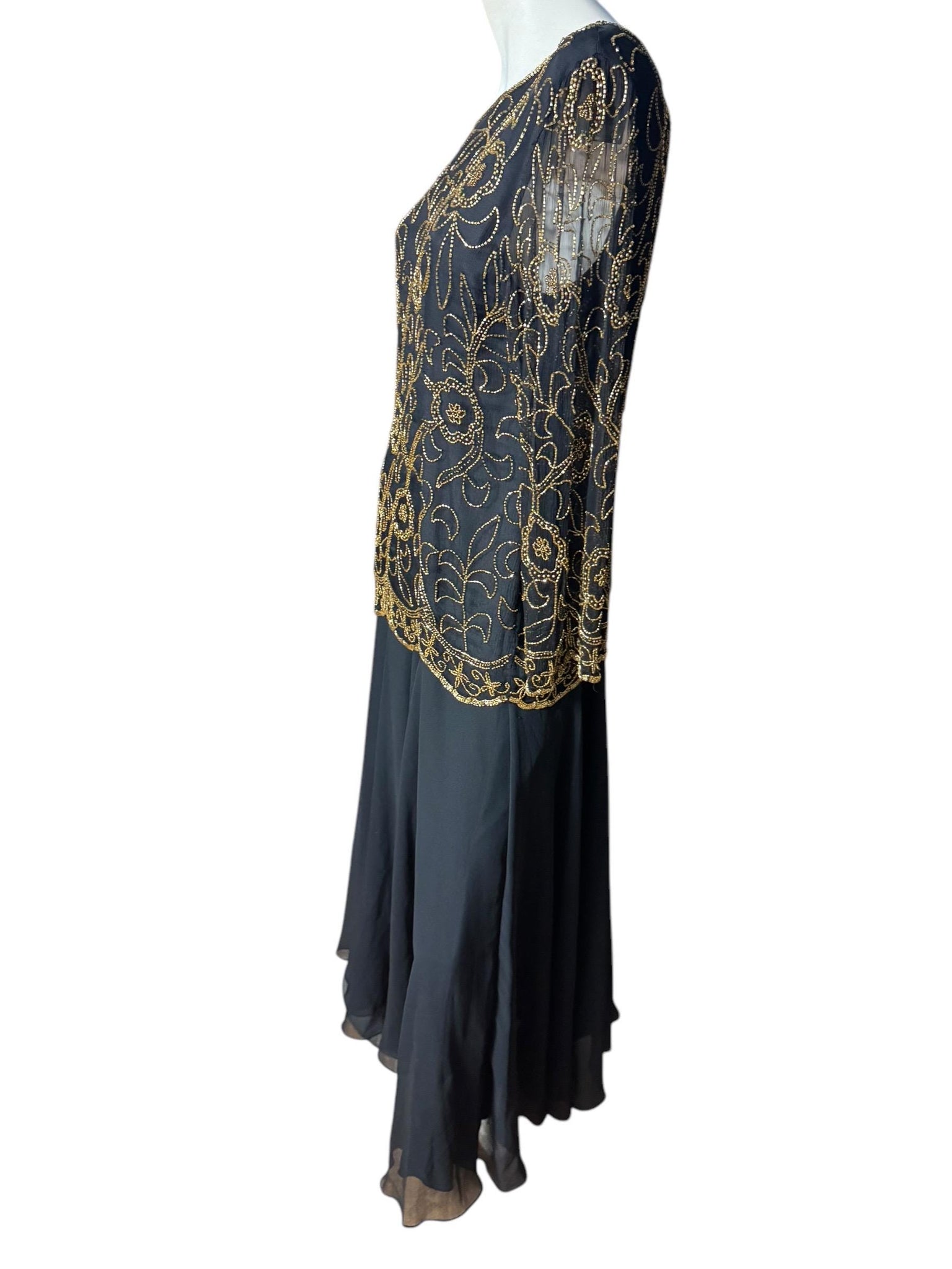 Vintage 80's black & gold bead dress L
