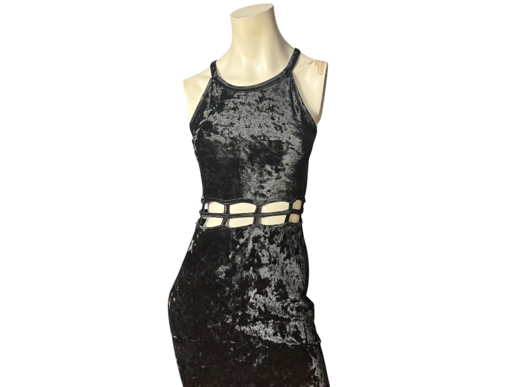 vintage 80's black velour long dress M cut out