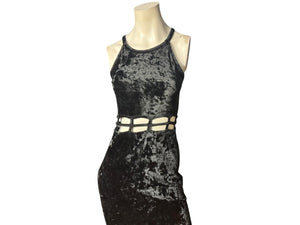 vintage 80's black velour long dress M cut out