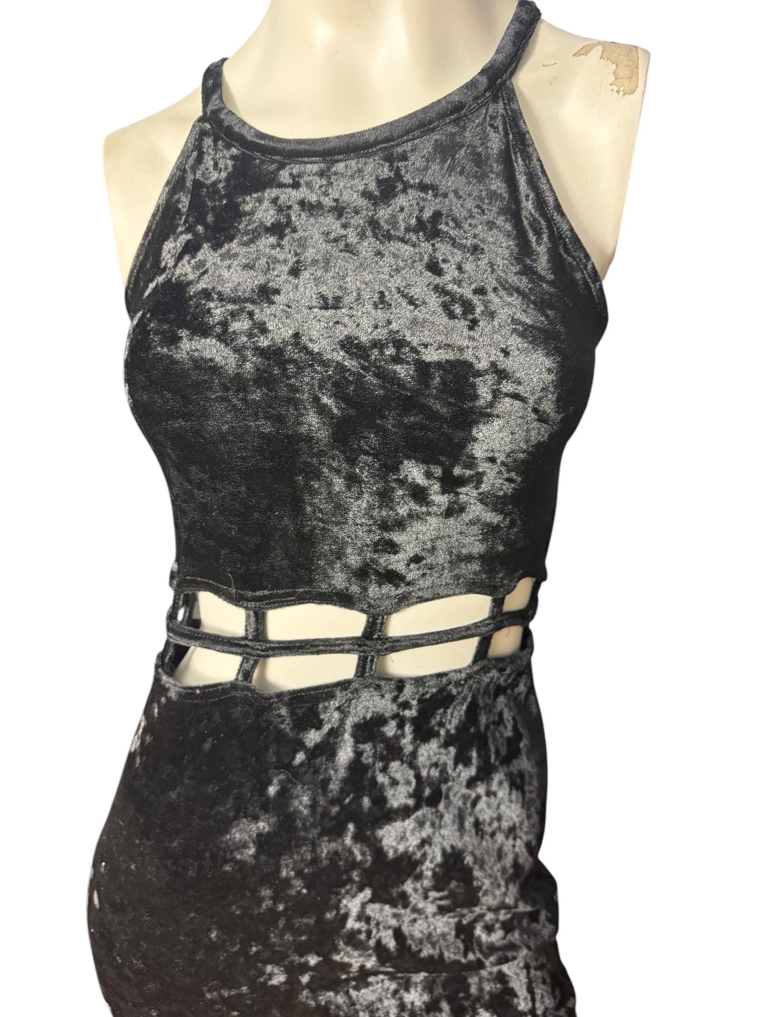 vintage 80's black velour long dress M cut out