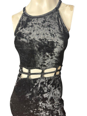 vintage 80's black velour long dress M cut out