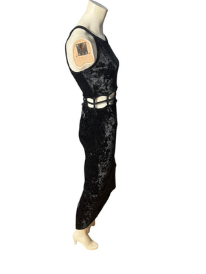 vintage 80's black velour long dress M cut out
