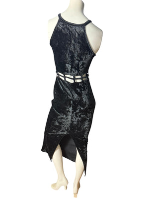 vintage 80's black velour long dress M cut out