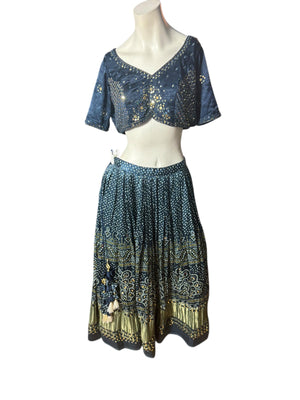 Blue sari dress skirt XL belly dance costume