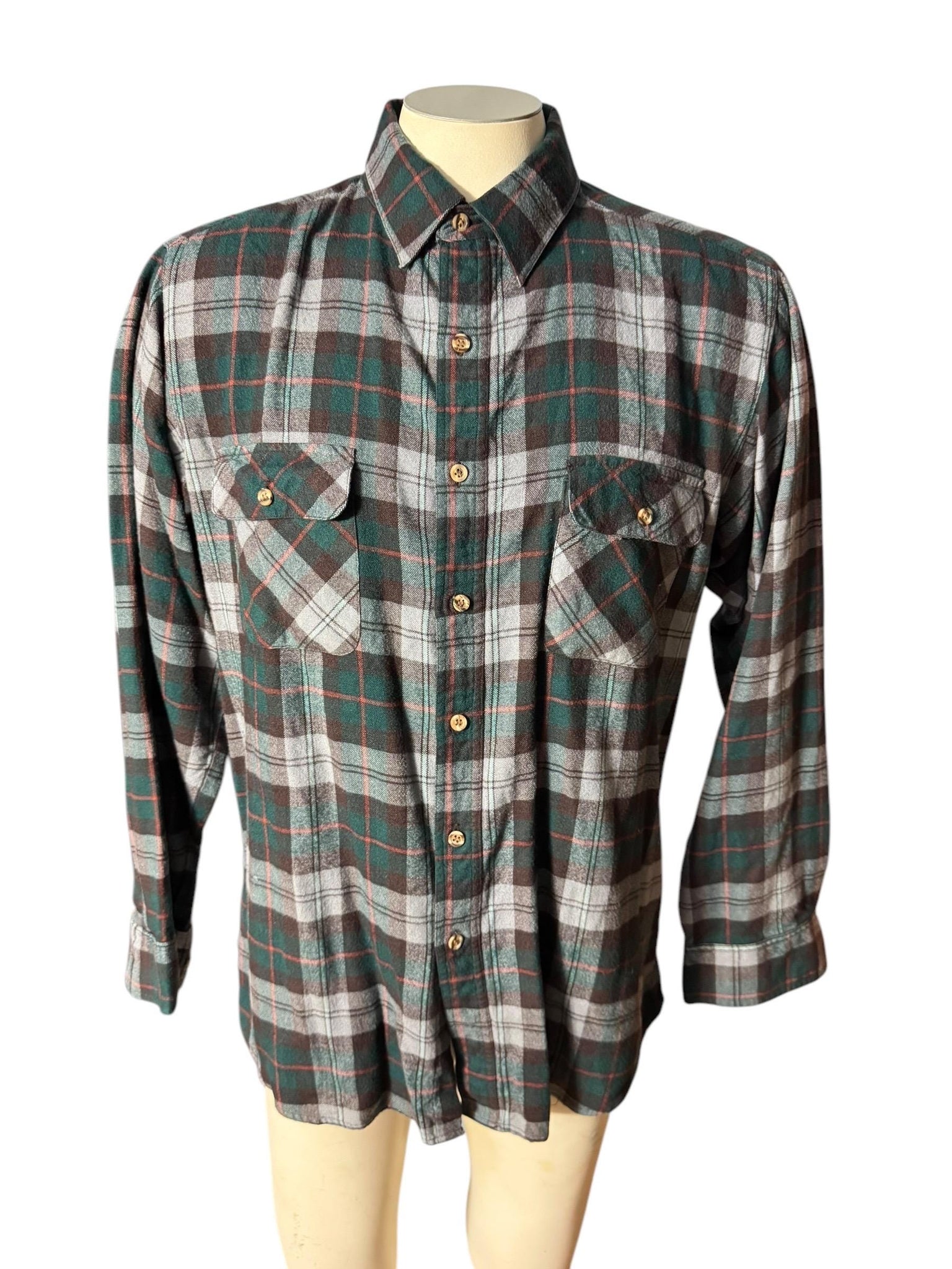 Vintage plaid flannel gray & green shirt M Country Touch