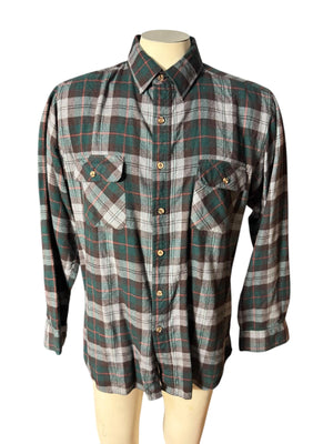 Vintage plaid flannel gray & green shirt M Country Touch