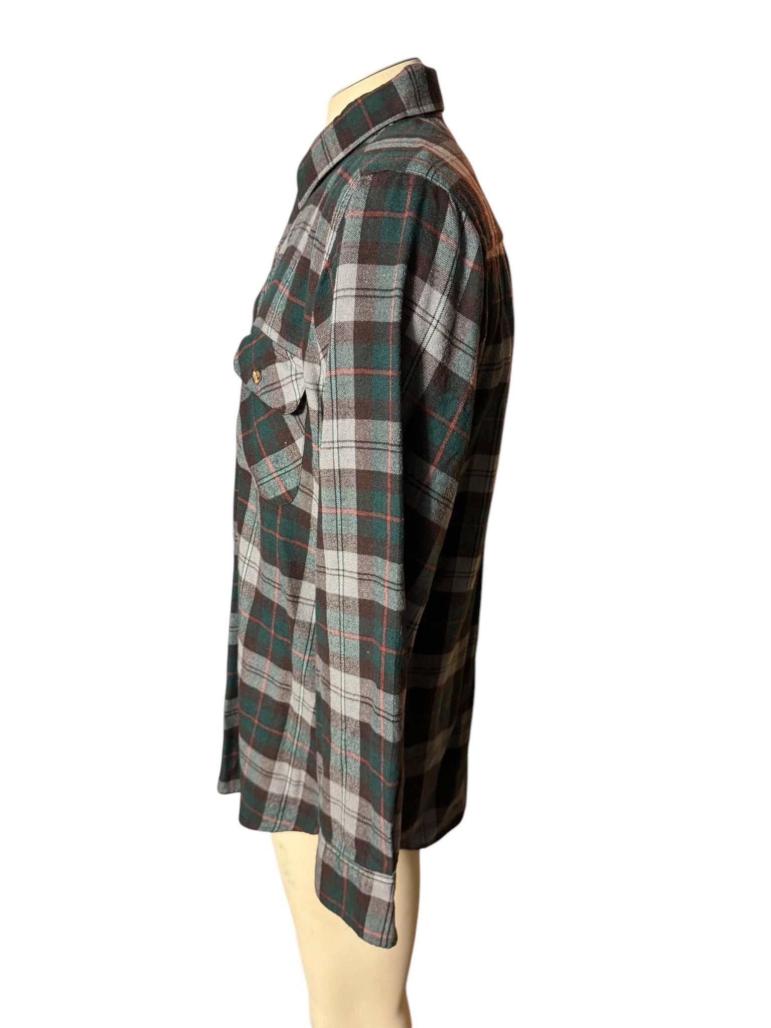 Vintage plaid flannel gray & green shirt M Country Touch