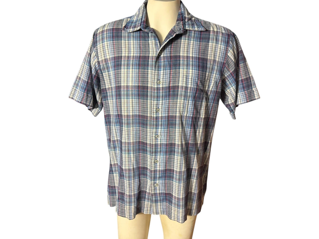 Vintage men's blue plaid 70's button up shirt L Rubenstein Brothers