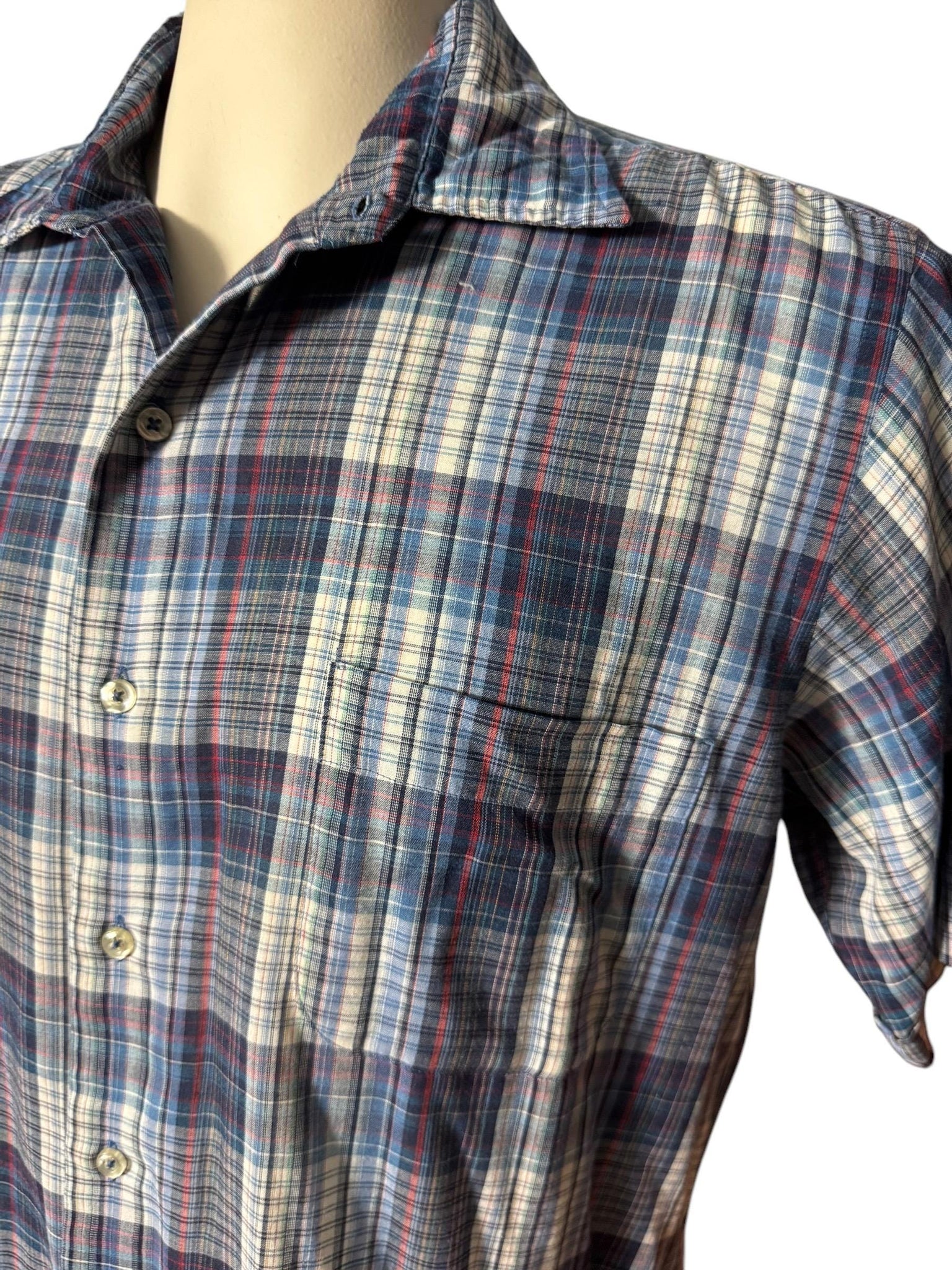 Vintage men's blue plaid 70's button up shirt L Rubenstein Brothers