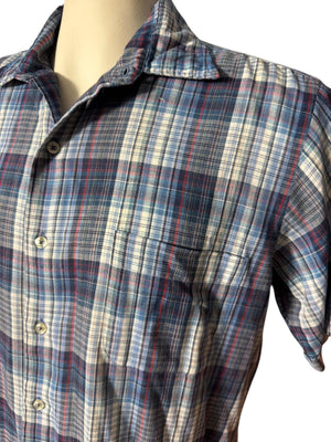 Vintage men's blue plaid 70's button up shirt L Rubenstein Brothers